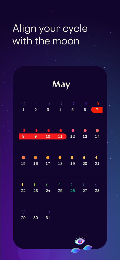 Calendario mensual de la aplicación Stardust que muestra el seguimiento del período sincronizado con las fases lunares sobre un fondo cósmico.