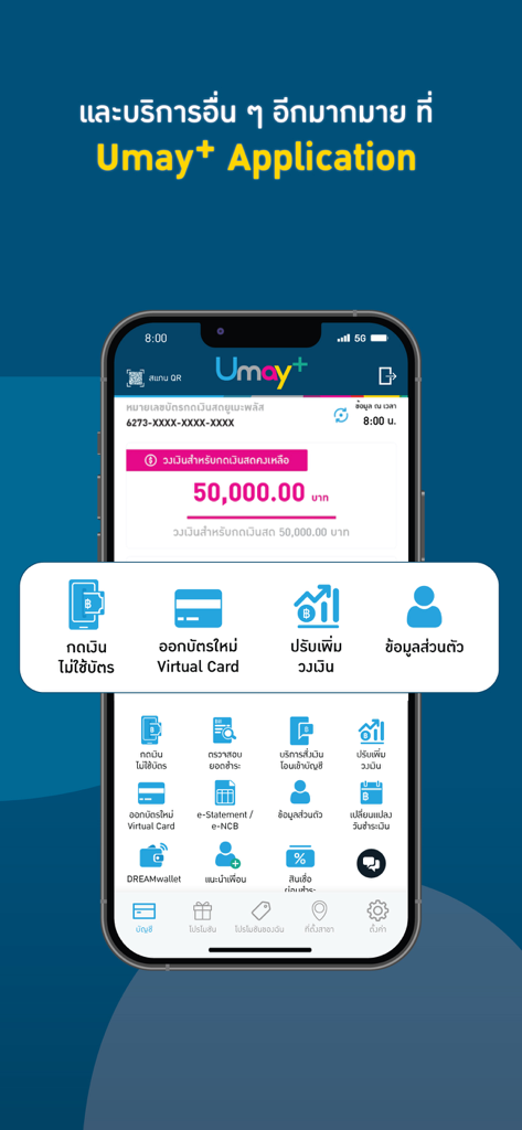 A smartphone displaying the Umay+ app dashboard with a 50,000 Baht credit limit and icons for cardless cash, virtual card, and credit limit increase.