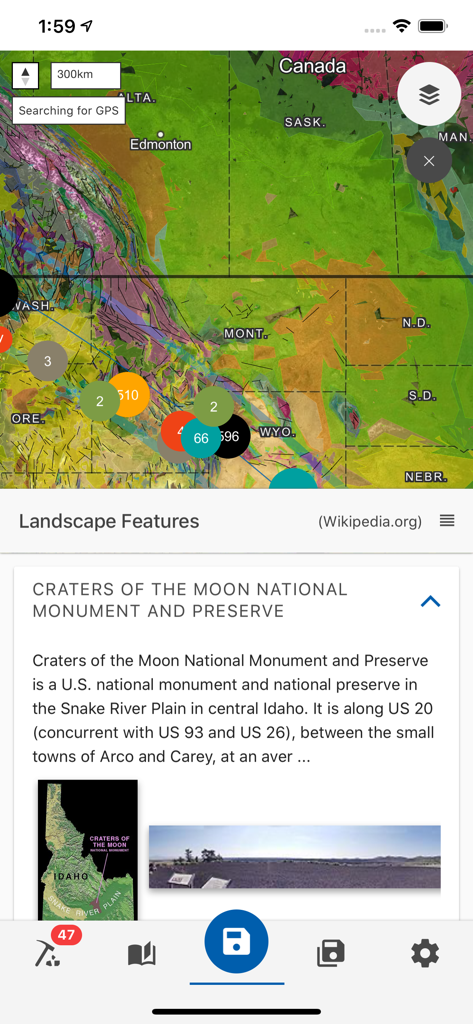Flyover Country app displaying a geologic map and landscape information for Craters of the Moon National Monument and Preserve