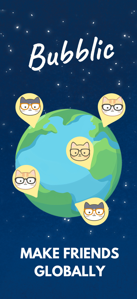 Bubblic: Connect with people. - Pantalla de la aplicación Bubblic que muestra una ilustración de la Tierra con avatares de gatos y el texto Haz Amigos Globalmente