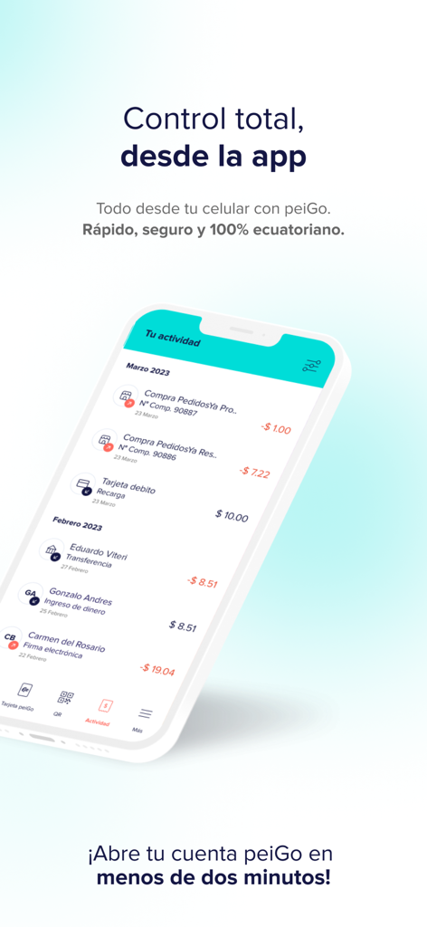 PeiGo - Mobile interface of PeiGo app showing a detailed transaction history of expenses and transfers in Ecuador