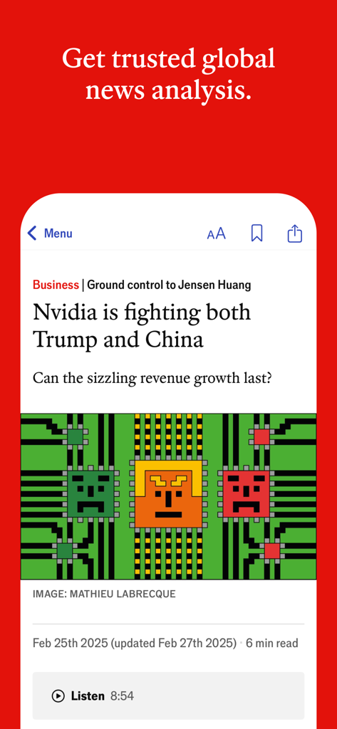 The Economist - News - The Economist mobile app displaying a business news article about Nvidia with an audio listen option
