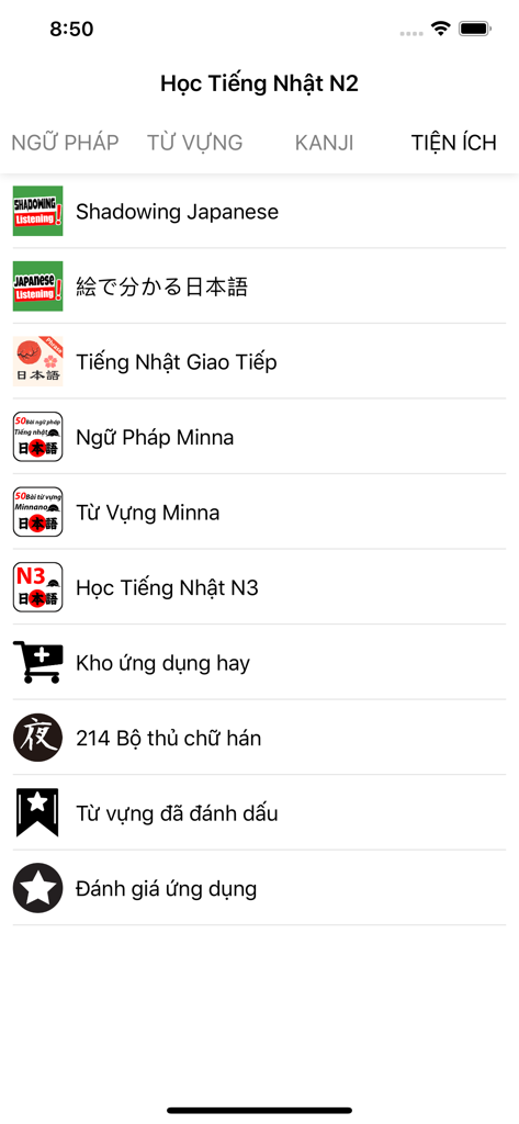 Học Tiếng Nhật N2 - The utilities menu of the Học Tiếng Nhật N2 app featuring Japanese learning tools and resources in Vietnamese.