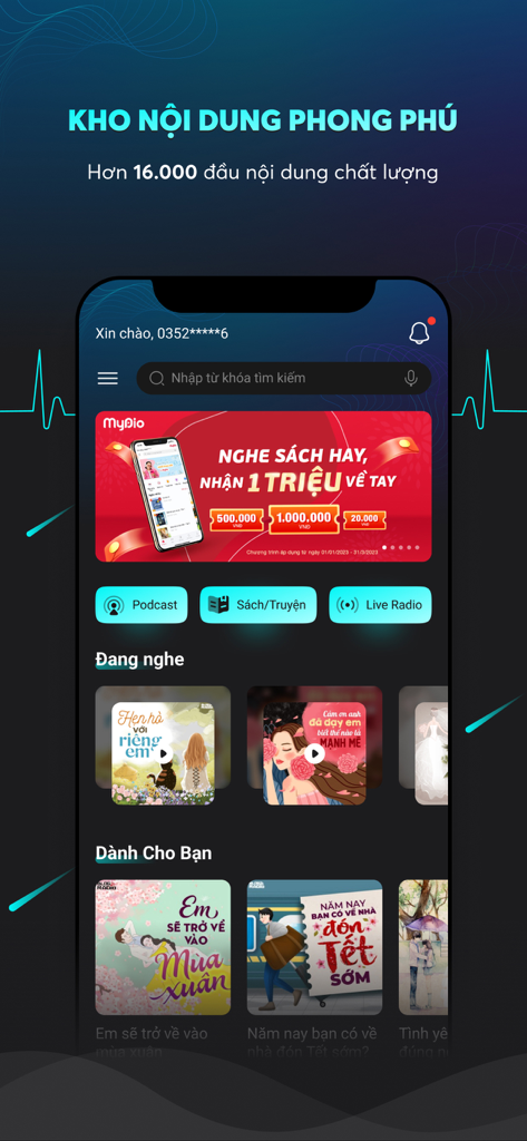 Mydio - Audiobook, truyện đọc - Mydio mobile app home screen featuring Vietnamese audiobooks and podcasts