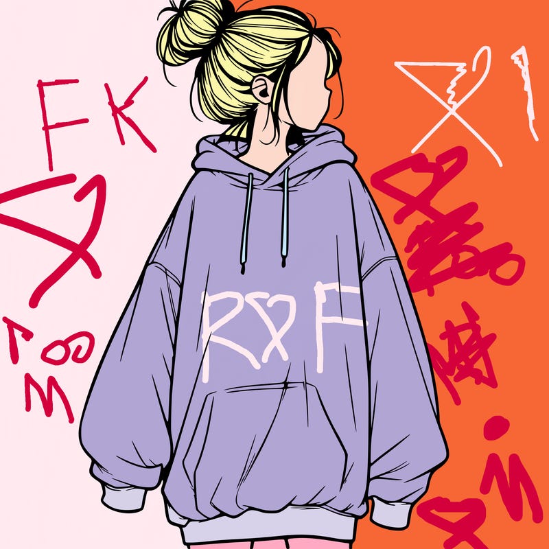 realistic girl with a oversized sweatshirt on and a bun