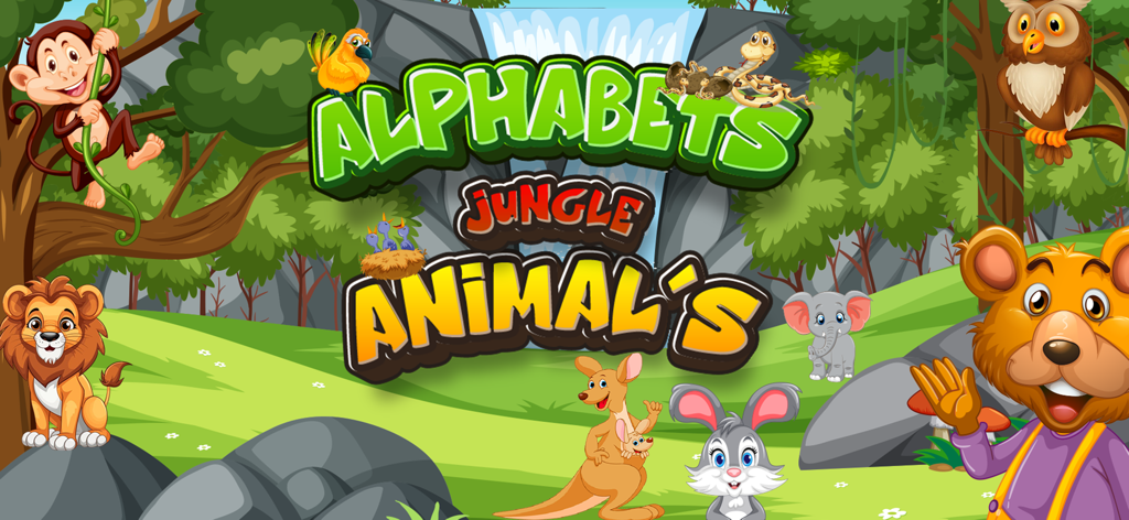 ABC : Alphabet Jungle Animals - Colorful jungle scene featuring a lion monkey and bear with the text Alphabet Jungle Animals