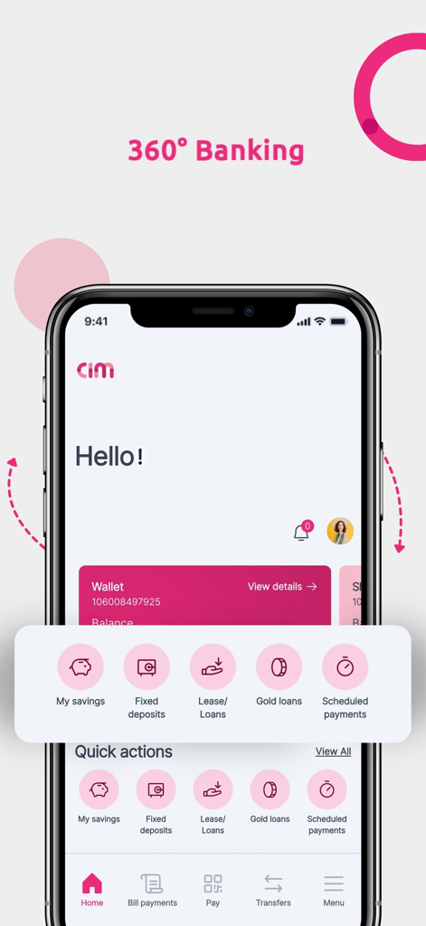 LB CIM - Pantalla de inicio de la aplicación LB CIM que muestra funciones bancarias de 360 grados que incluyen ahorros, depósitos a plazo fijo y préstamos.