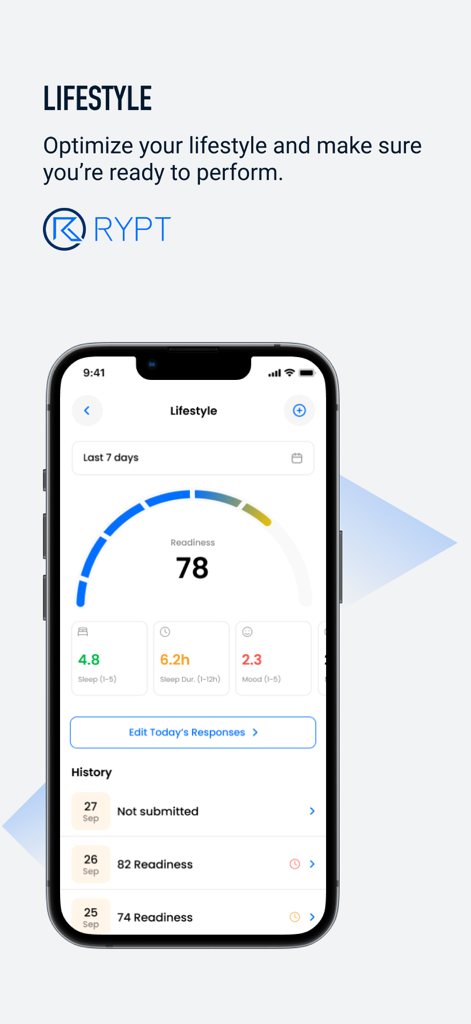 RYPT - Lifestyle dashboard in the RYPT app showing an athlete readiness score of 78 along with sleep and mood tracking data.