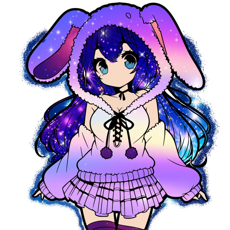 pretty anime girl wearing a fluffy hoodie with bunny ears on the hood and a skirt