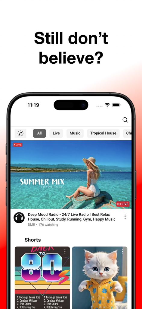 ProTube: Block Ads on Video - Interface do aplicativo ProTube no iPhone mostrando categorias de vídeo e recomendações