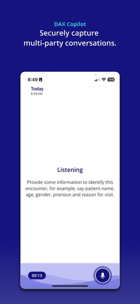 PowerMic Mobile - Interface of the PowerMic Mobile app showing the DAX Copilot feature securely capturing a clinical conversation between a doctor and patient.