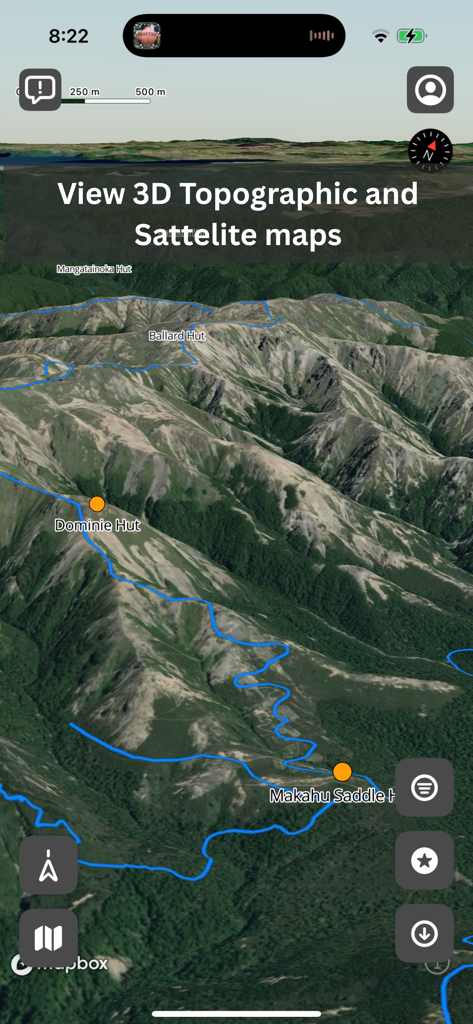 WildVision app interface showing a 3D topographic and satellite map view with marked hunting trails and huts