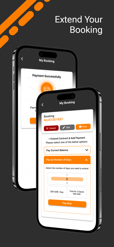 Interface of Key Car Rental mobile app showing how to extend a vehicle booking and pay for extra days