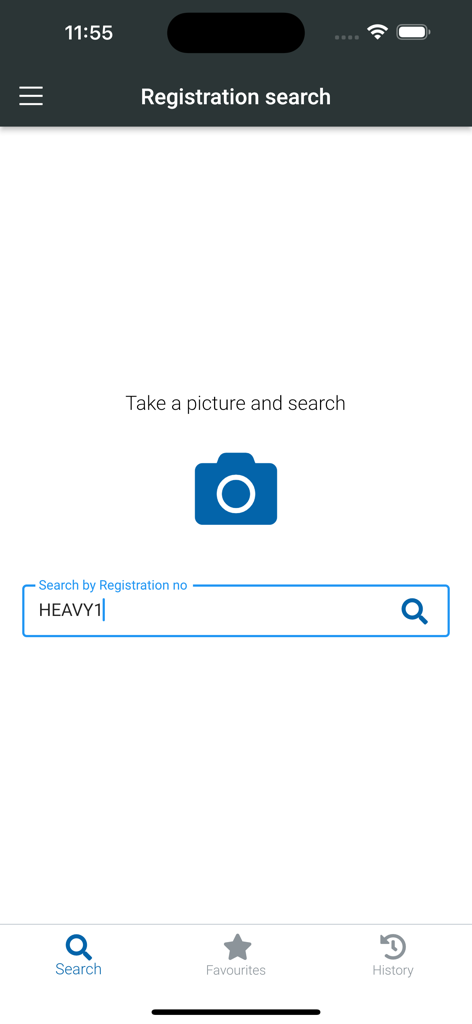 NHVR Registration Checker search screen showing camera search and registration number input field