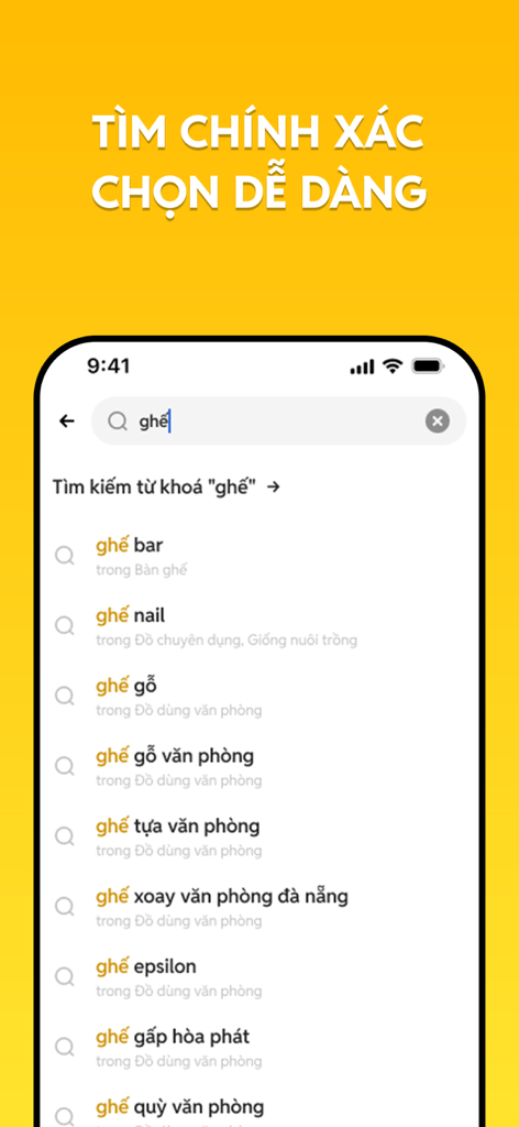 Interfaz de búsqueda de la app Chợ Tốt mostrando categorías sugeridas para sillas en idioma vietnamita.