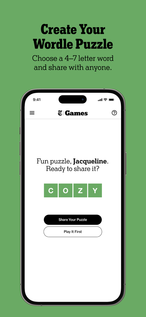 NYT Games: Wordle & Crossword - Interface do aplicativo NYT Games mostrando um recurso para criar e compartilhar quebra-cabeças Wordle personalizados com a palavra COZY em blocos verdes.