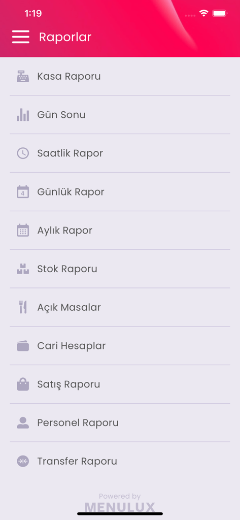Menulux Boss - Menulux Boss app interface showing a list of business reports for restaurant and cafe owners