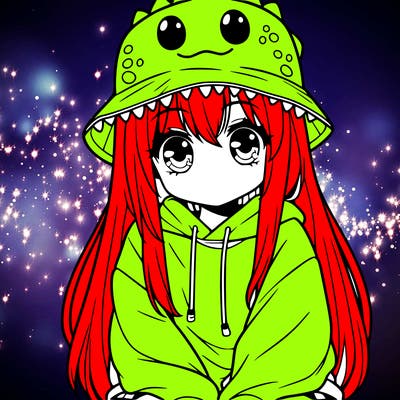 girl with anime shaped eyes with a dinosaur bucket hat oversized sweatshirt long straight hair