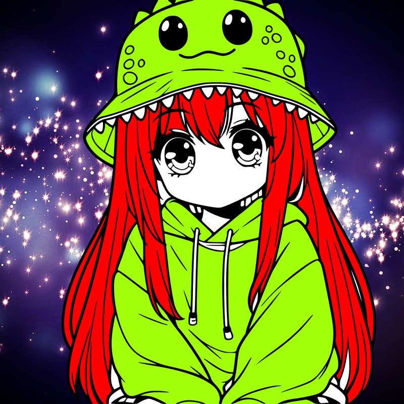 girl with anime shaped eyes with a dinosaur bucket hat oversized sweatshirt long straight hair