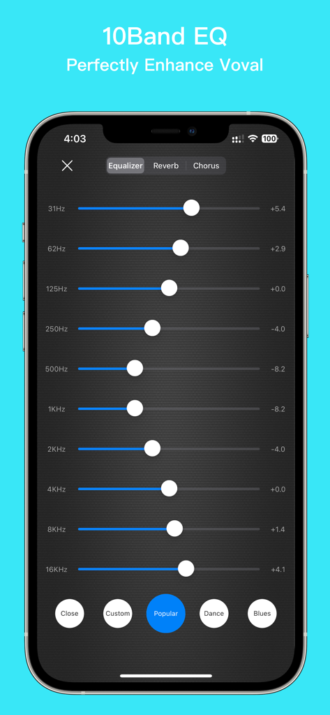 EZAudioCut 10-band equalizer interface for professional mobile vocal and audio enhancement