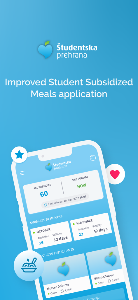 Prehrana - Panel móvil de la aplicación Prehrana que muestra los saldos de subsidios de comidas para estudiantes y los restaurantes favoritos