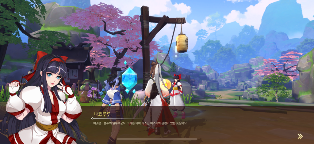 Escena de diálogo del personaje Nakoruru en Samurai Shodown R con un fondo escénico de cerezos en flor