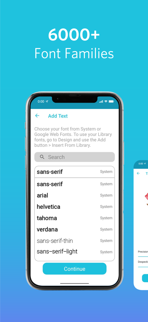 Silhouette Go - Silhouette Go app interface showing font selection from a library of 6000 plus font families for crafting designs