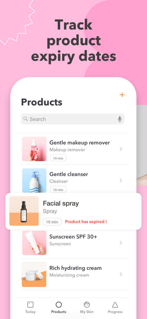 Skincare Routine: BasicBeauty - BasicBeauty app interface showing a list of skincare products and an alert for an expired facial spray