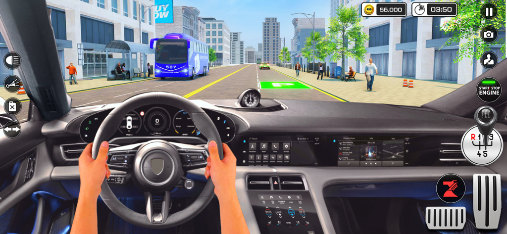 City Car Parking- Car Games - Vista en primera persona desde el asiento del conductor de un simulador de aparcamiento de coches realista que muestra el salpicadero, el volante y una calle de la ciudad