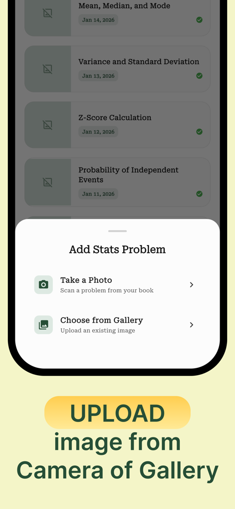 Stats AI: Statistics Solver - Oberfläche, die Optionen zum Hochladen eines Statistikproblems durch Aufnehmen eines Fotos oder Auswahl aus der Galerie zeigt.