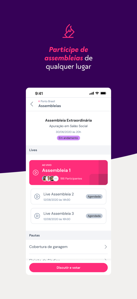 Gruvi - Gruvi app screen displaying virtual assembly meetings and a button to discuss and vote