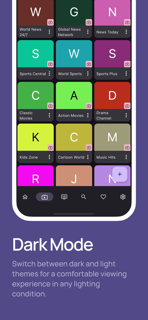 Simple IPTV - Live Player - Simple IPTV app interface showing the dark mode theme with a colorful grid of media categories