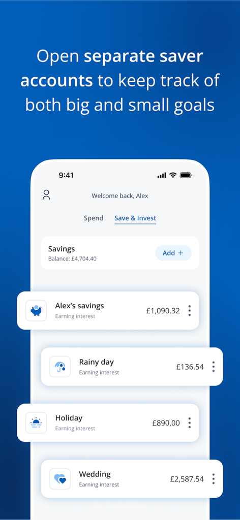 Chase UK - Chase UK mobile app interface showing multiple savings accounts for different goals like a wedding and holiday