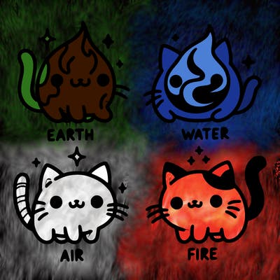 4 cats that represent the different elements, earth, water, air, and fire
