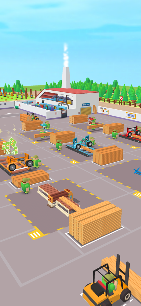 A busy lumber mill factory with workers processing wood in a 3D simulation game