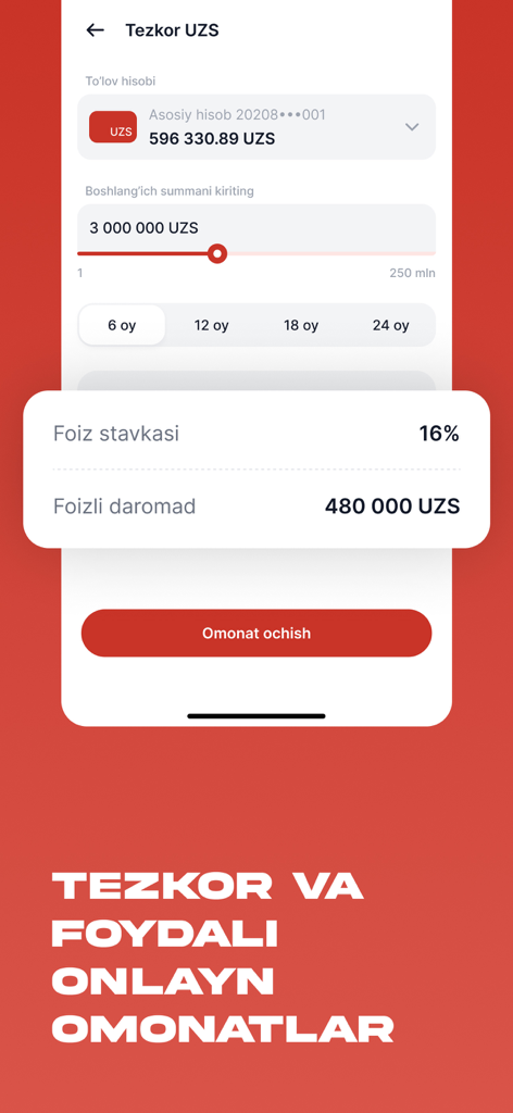Biznes 24/7 - Écran de l'application Biznes 24-7 pour l'ouverture de dépôts en ligne en UZS montrant les taux d'intérêt et les conditions de paiement