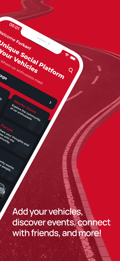 MyGarage Global : Cars & Bikes - MyGarage Globalのモバイルアプリインターフェイス。近くの店舗やフォーラムなどの自動車コミュニティ機能が表示されています。