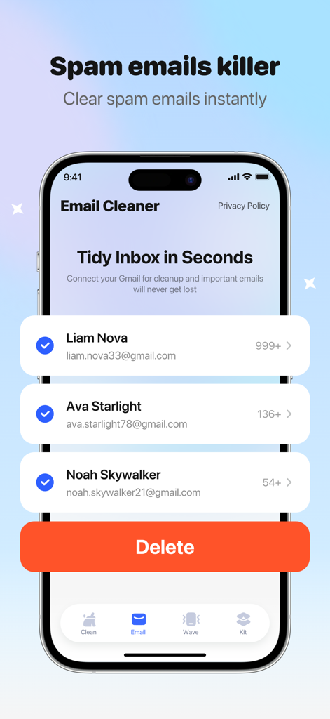 AI CleanKit: Phone Cleaner Pro - Interfaz de la aplicación AI CleanKit mostrando la función de gestión de correo electrónico para eliminar spam y organizar la bandeja de entrada.