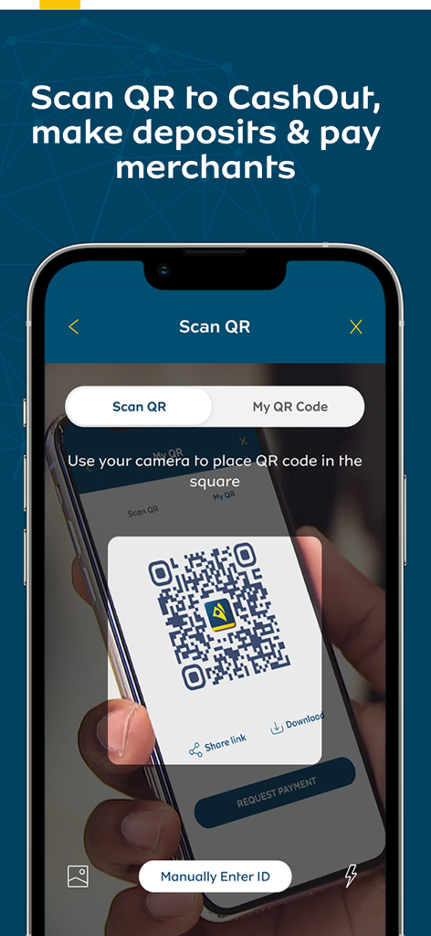 MoMo App - Un teléfono inteligente que muestra el escáner de códigos QR de la aplicación MoMo para realizar pagos a comerciantes y retiros de efectivo.