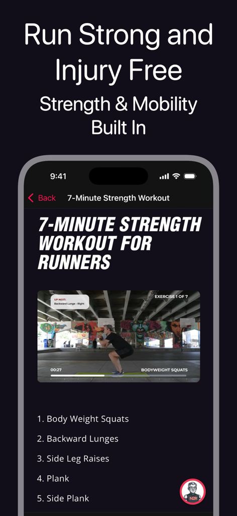 None to Run: Beginner, 5K, 10K - None to Run app display showing a 7-minute strength workout for runners.