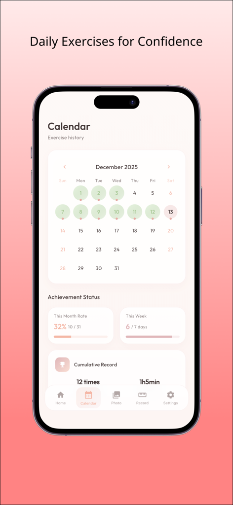 Boin - Bust Care & Tracker - Boinアプリのインターフェース、ワークアウト履歴と達成状況を示すカレンダーを表示
