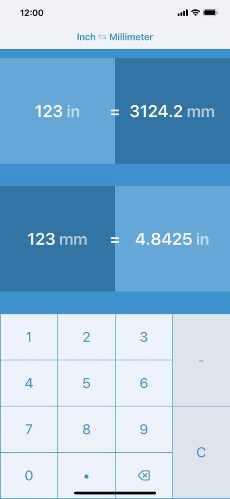 Interfaccia utente dell'app Pollici in Millimetri che mostra conversioni bidirezionali e una tastiera numerica