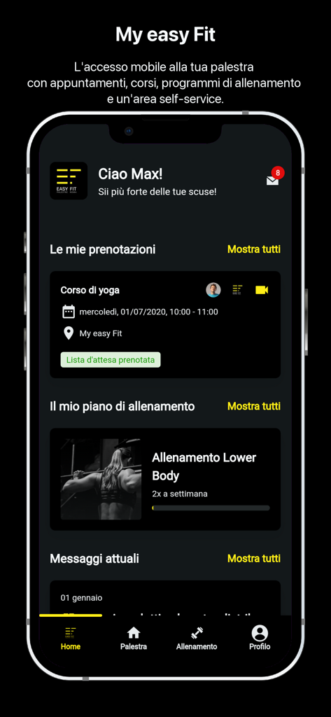 My Easy Fit - Tableau de bord de l'application My Easy Fit affichant des plans d'entraînement personnalisés et des réservations de cours en salle