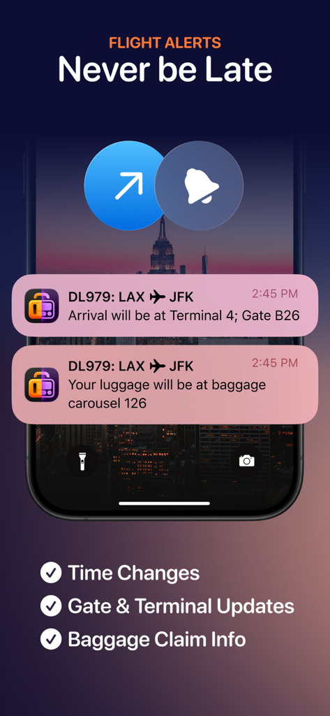 iPhone lock screen showing Tripsy flight alerts for gate, terminal, and baggage claim updates