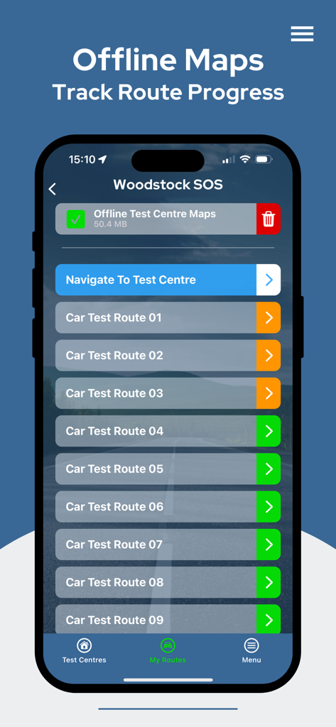 Interface do aplicativo Rotas de Teste de Condução mostrando uma lista de rotas de teste de carro para Woodstock SOS com mapas offline