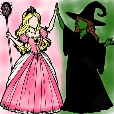 detailed realistic split of a princess and a witch
