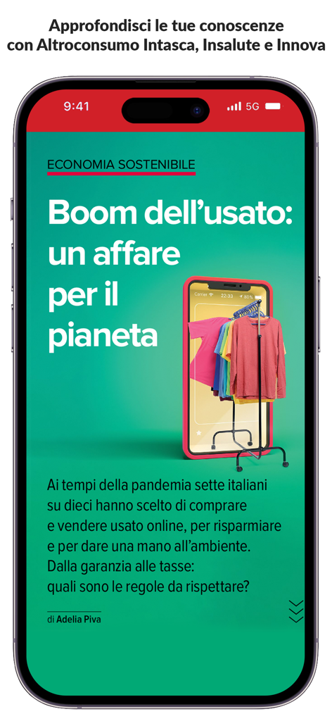 Altroconsumo - Schermata dell'app Altroconsumo che mostra un articolo di una rivista digitale sul mercato dell'usato e l'economia sostenibile.