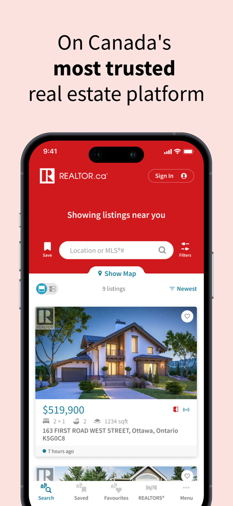 REALTOR.ca mobile app displaying Canadian real estate listings
