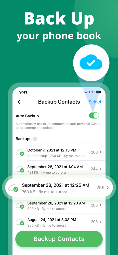 Phone CleanerㆍClean Up Storage - Pantalla de la aplicación Phone Cleaner que muestra la interfaz de gestión de copias de seguridad de contactos y copias de seguridad automáticas.