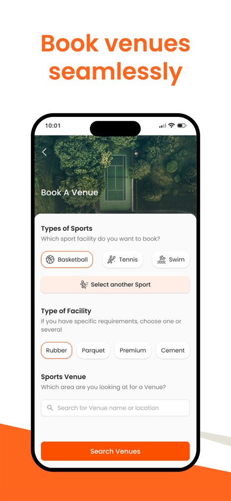 AFA: Meet People, Play Sports - Interfaz de la aplicación AFA para reservar lugares deportivos con opciones para baloncesto y tenis
